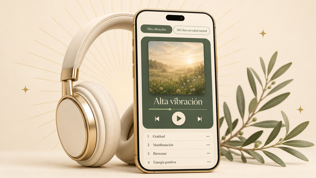 Auriculares y celular con la playlist Alta vibración de la app